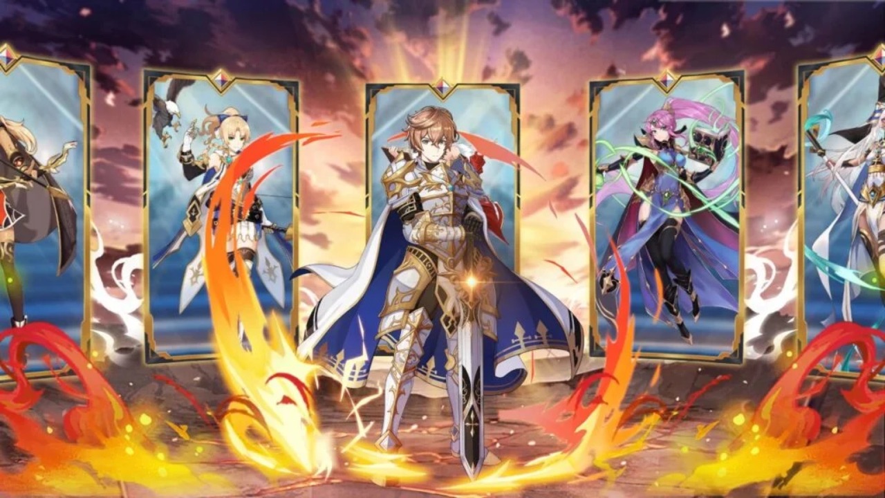 The featured image for our Fate Fantasy tier list, featuring a character from the game standing in full armour and a cape. Behind him are five character cards.