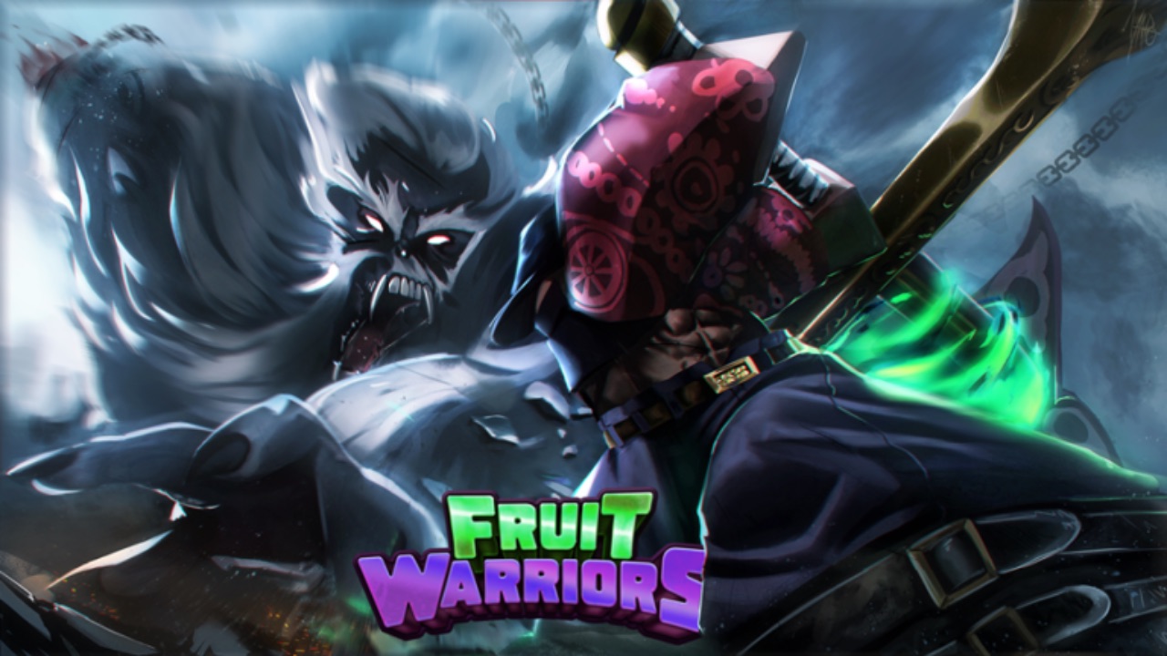 The featured image for our Fruit Warriors tier list, featuring a ninja pirate fighting some sort of a wolf monster creature.