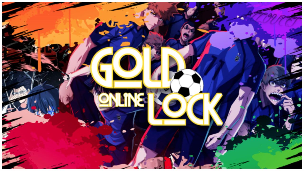 feature image for our gold lock codes guide, the image features promo art for the blue lock series of some of the characters stood together in their football uniforms, as well as paint splatters around the image, the game's logo is also in the middle of the photo