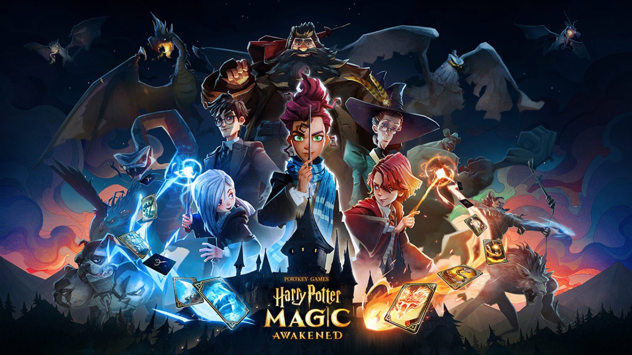 The featured image for our Harry Potter Magic Awakened codes guide, featuring a poster for the game. The poster includes a variety of characters, both good and bad, all standing around Hogwarts, with a blue/orange colour scheme.