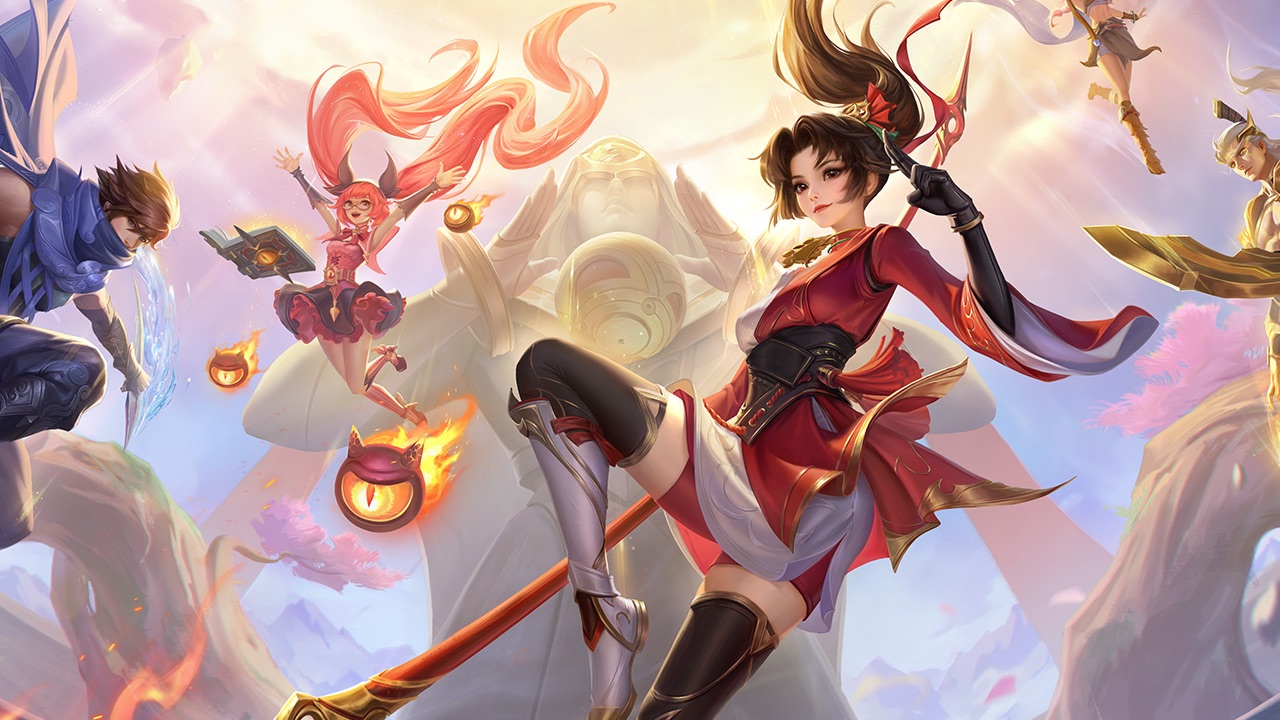 The featured image for our Honor Of Kings tier list, featuiring several characters from the game falling through the sky mid combat, focusing on a woman wearing red and weilding a staff.