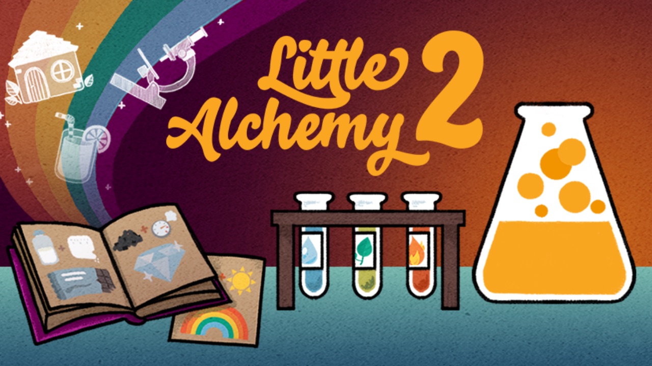 The featured image for our How To Make Human Little Alchemy 2 guide, featuring some cartoon drawings of Science vials, alchemy bottles, and a book.