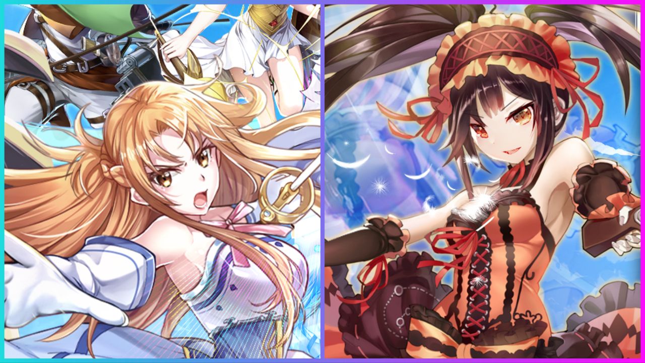 feature image for our idle awakening tier list, the image features promo art of some characters from the game including kurumi from date a live and asuna from sword art online