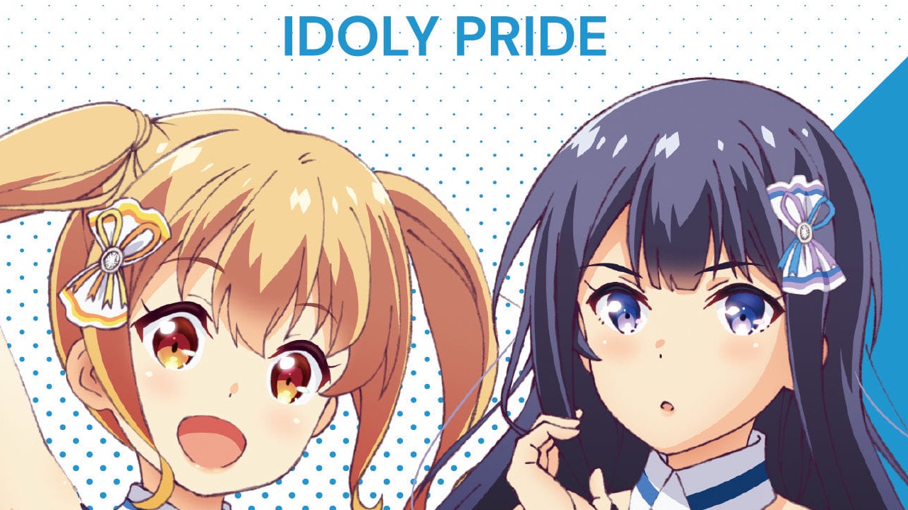 The featured image for our Idoly Pride tier list, featuring two characters from the game, looking at the camera. The girl on the left is blonde and is cheering. The girl on the right has darker hair and looks confused at the camera.