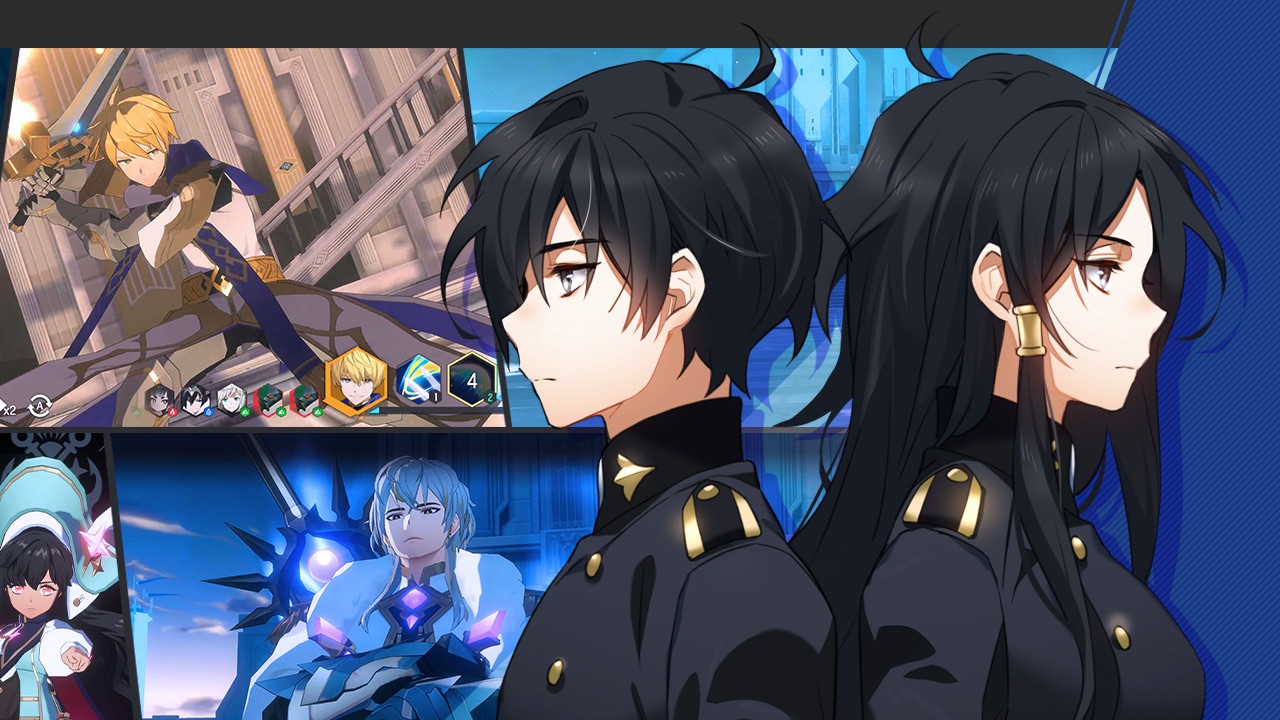 The featured image for our Lord Of Heroes tier list, featuring two characters from the game standing back to back to each other. They look similar, having dark hair, pale skin, and dark clothes. The person on the left is a boy, and the person on the right is a girl.
