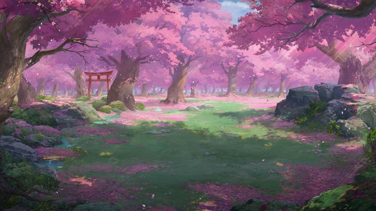 The featured image for our Ninja Legend Idle codes guide, featuring a clearing in a forest made up of trees with pink leaves. The ground is green, and the sky above is blue.