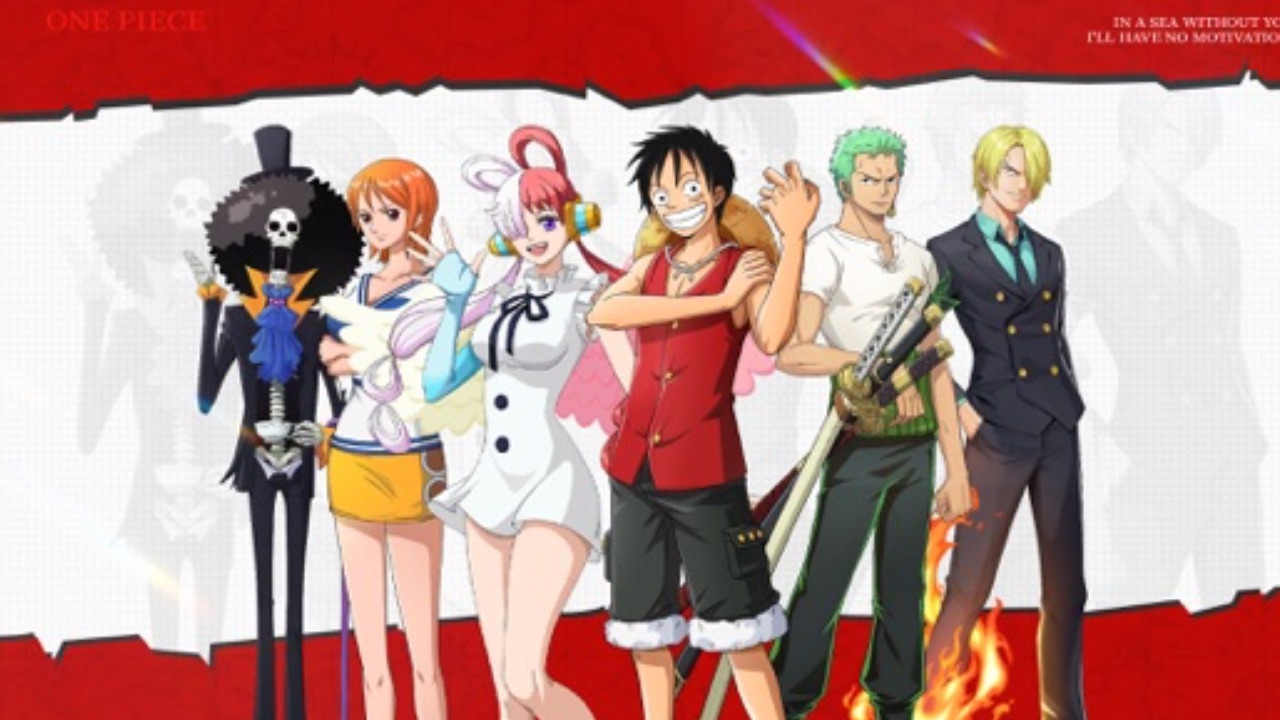 The featured image for our OP: Captain and the Warlords tier list, featuring six characters from the game, including Luffy.