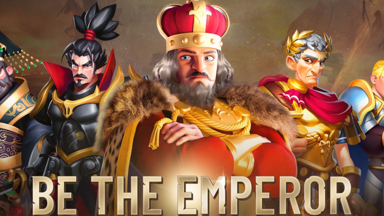 The featured image for our Overlord Of Chaos tier list, featuring several heroes from the game lined up, looking towards the camera. The caption underneath them reads "Be The Emperor".