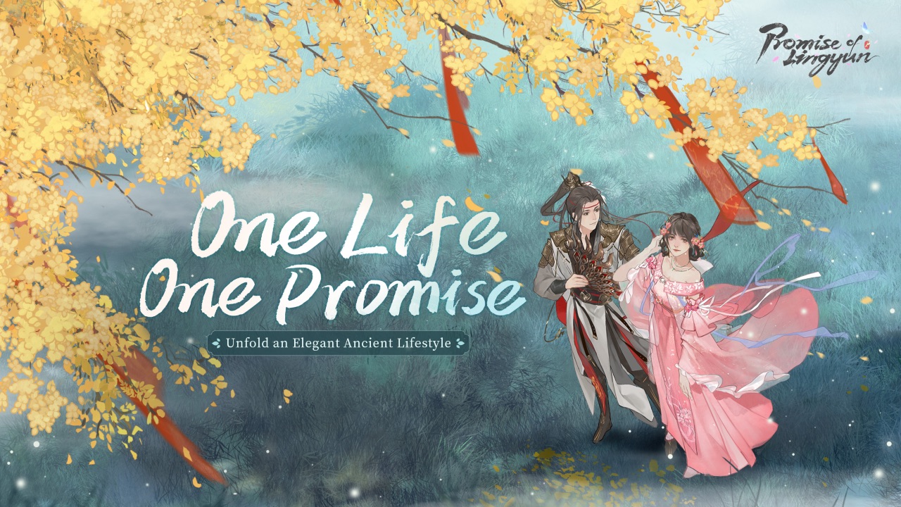 The featured image for our Promise Of Lingyun codes guide, featuring a high angle shot of a man and woman calmly walking through a park.