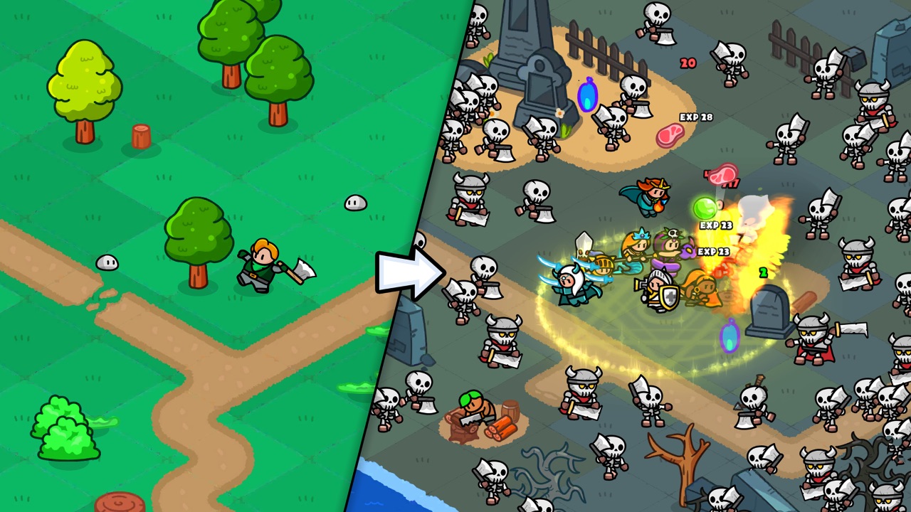 The featured image for our Rumble Heroes codes guide, featuring two screenshots of the game. The first screenshot shows a lone character in a green country lane next to some trees. An arrow points to the second screenshot, where an all-out brawl is taking place between many characters in a dark setting.