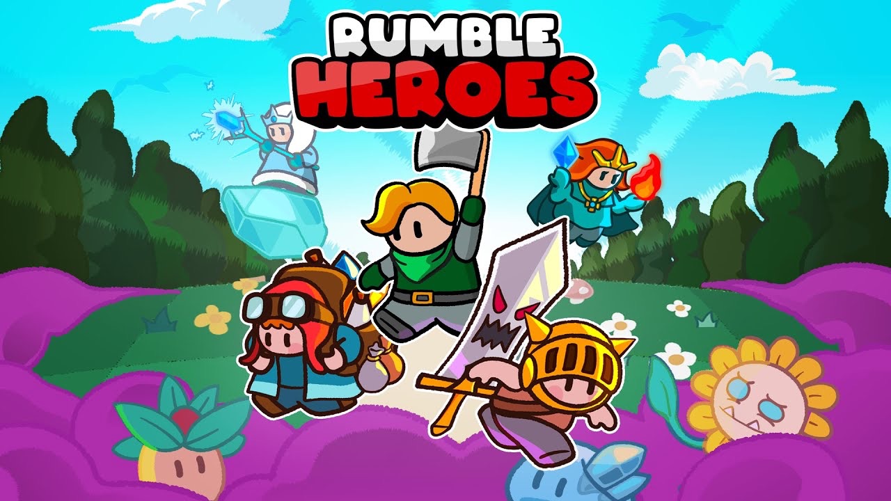 The featured image for our Rumble Heroes tier list, which features characters from the game gathering with survival equipment, such as axes, in a green field.