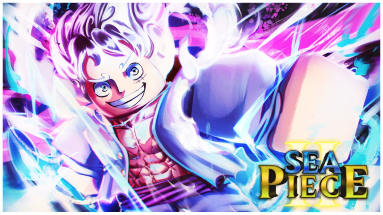 feature image for our sea piece 2 codes guide, the image features promo art for the game of a drawing of a roblox character who resembles a character from the one piece franchise as they hold their fist out, with blue and purple sparks and flames surrounding them, the game's logo is also at the bottom