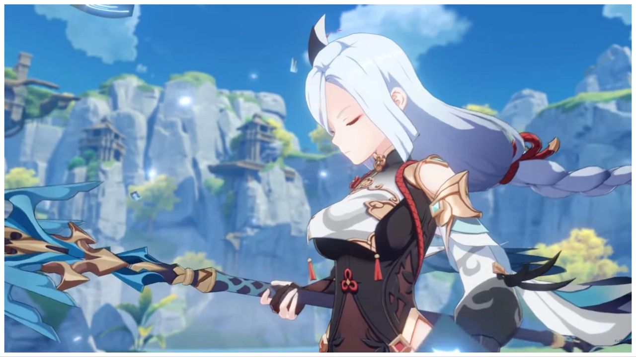 feature image for our shenhe weapon tier list, the image features a screenshot from the game genshin impact of the character shenhe as she looks down as she holds a spear, with rocky mountains in the distance