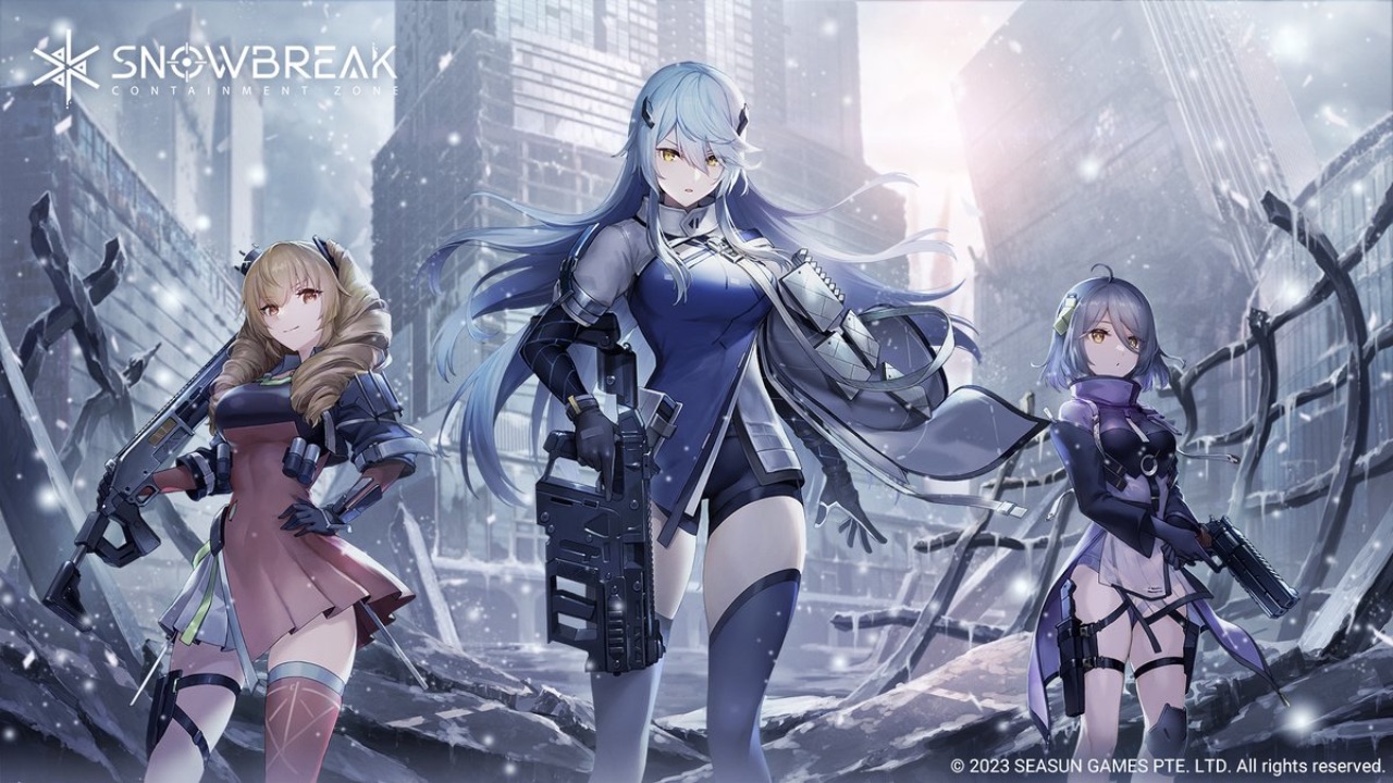 The featured image for our Snowbreak: Containment Zone best team guide, featuring three characters from the game standing in the wreck of the city. They look towards the camera with guns in their hands.