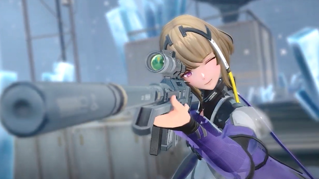 The featured image for our Snowbreak: Containment Zone codes guide, featuring a character from the game wielding a sniper rifle. She points it just past the camera, and smiles as she lines up a shot.