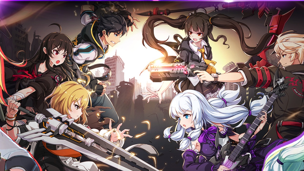 The featured image for our Soulworker Urban Strategy tier list, featuring a side profile frame of the characters from the game entering battle with each other. There's three characters on the left side of the screen with swords, and three on the right with a variety of weapons.