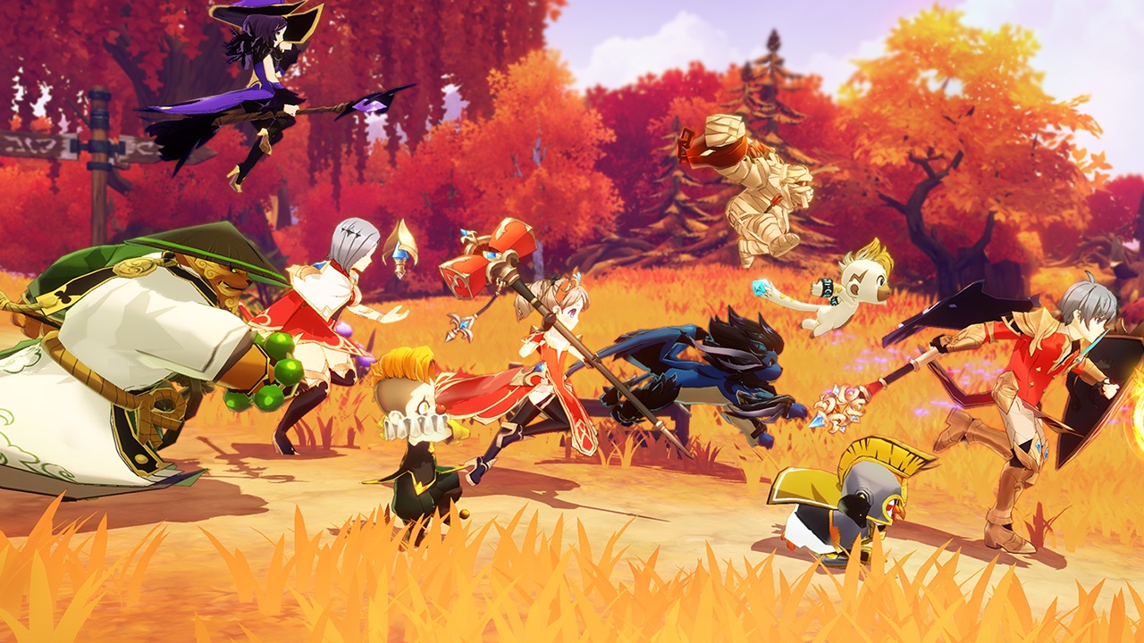 The featured image for our Summoners War: Chronicles Monsters list, featuring characters and monsters from the game running from left to right across an autumn kissed field.