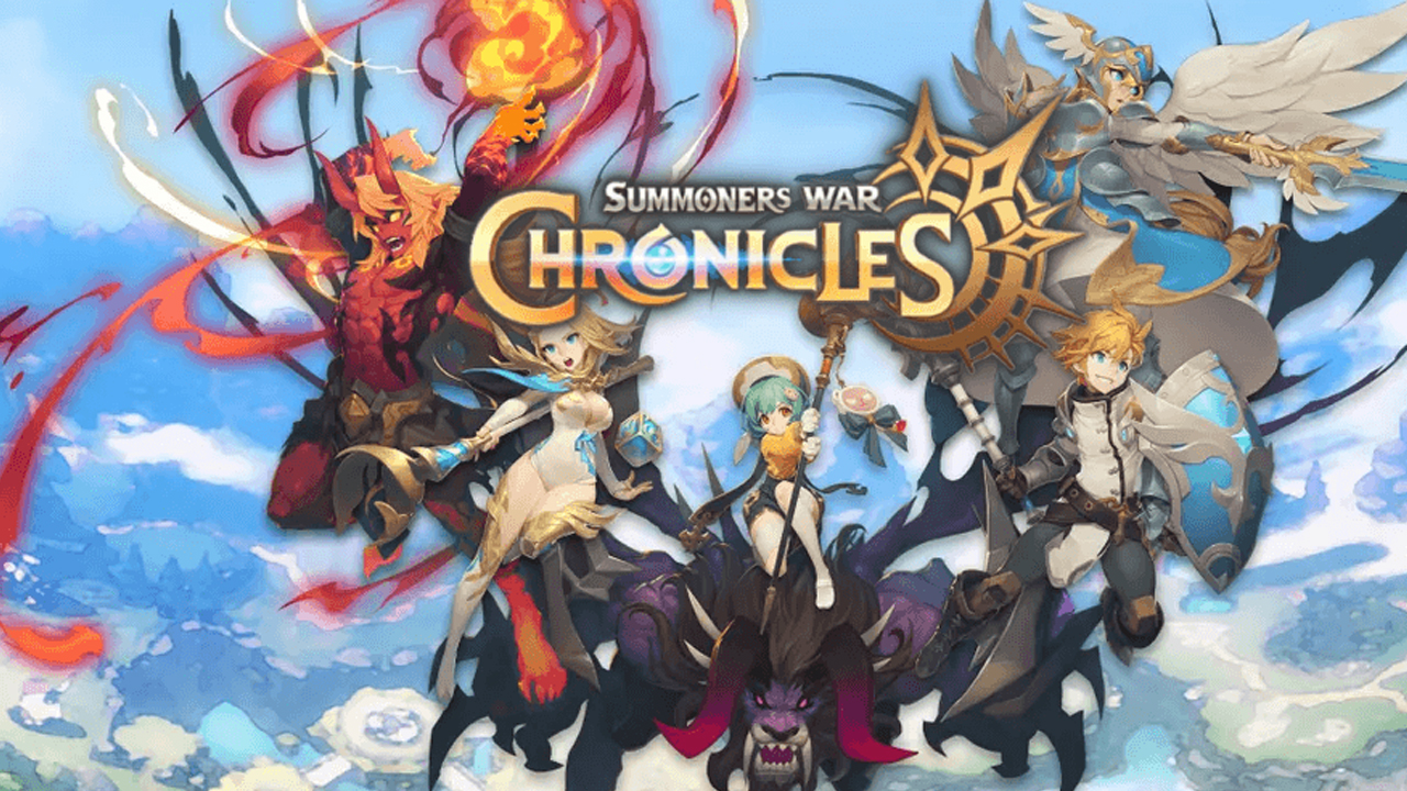 The featured image for our Summoners War: Chronicles codes guide, featuring a roster of characters gathering in the sky, and looking at the camera as they all hover.