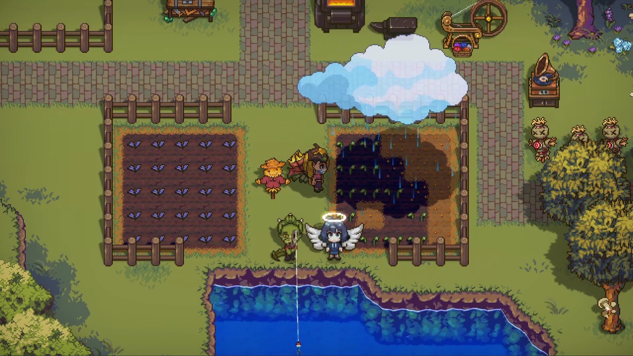 The featured image for our Sun Haven Bridge Flower guide, featuring two characters fishing by a pond. A cloud hangs over them and the farm behind them.
