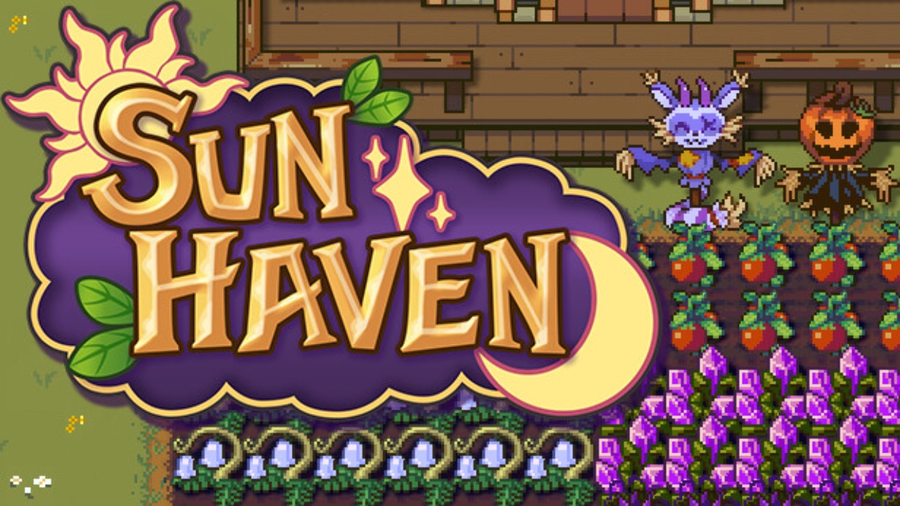 The featured image for our Sun Haven multiplayer guide, featuring the game's title card infront of a fantasy farm growing a variety of growing plants.