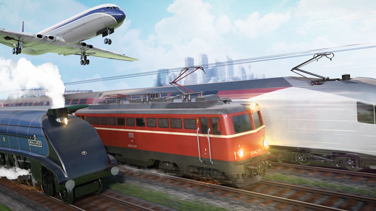 The featured image for our Transport Fever 2 multiplayer guide, featuring three trains and a plane all travelling to the right of the screen.