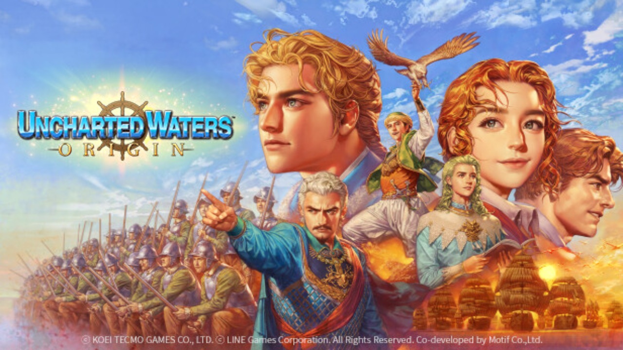 The featured image for our Uncharted Waters Origin tier list, featuring a range of characters from the game standing infront of a bright blue sky with a few clouds dotted in it.