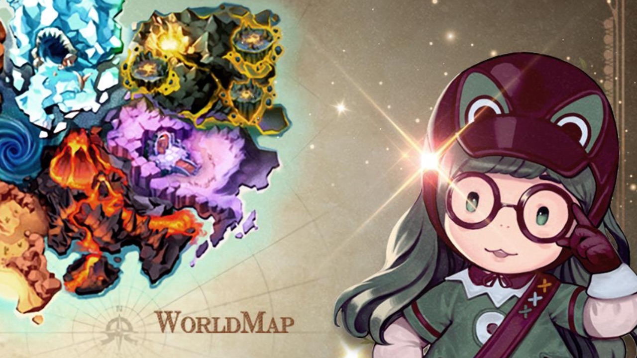 The featured image for our Witch Market tier list, featuring a witch from the game looking at the camera. To her left is an image of part of the map for Greed Island.