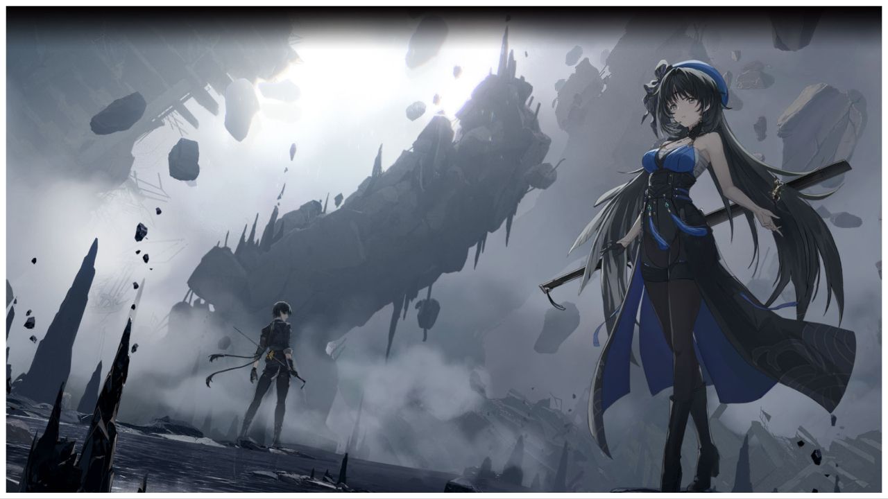 feature image for our wuthering waves codes guide, the image features promo art for the game of the character yangyang as she faces the viewer with a sword on her back, there is a male character in the distance overlooking the floating rocky debris that surrounds them