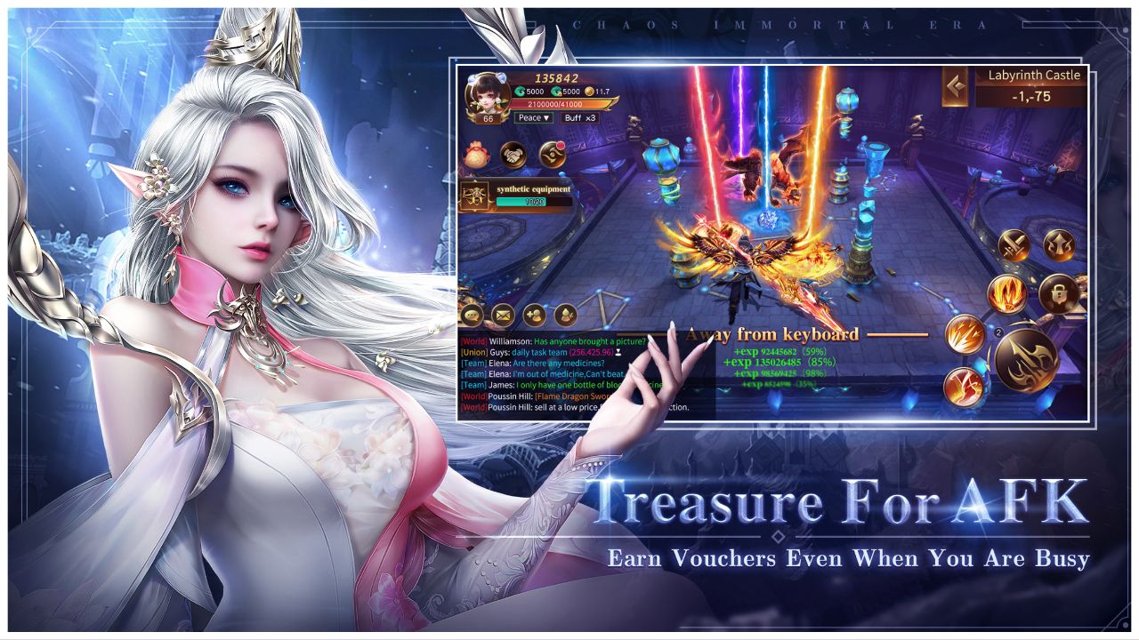 feature image for our awaken chaos era tier list, the image features promo art of a female elf who is holding her hand up, there is also a screenshot of combat gameplay from the game as well as a showcase of the UI such as the chat box
