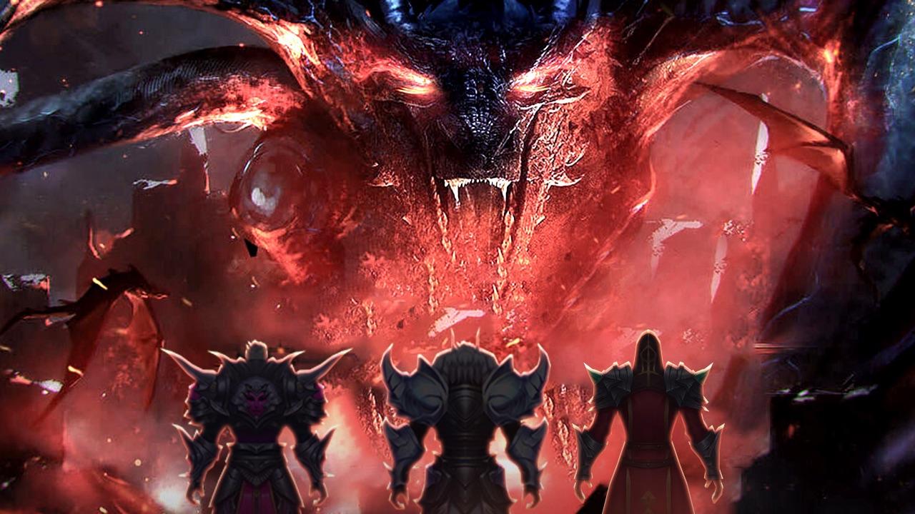 The featured image for our Blade Of Chaos: Immortal Titan tier list, featuring three characters from the game facing down against a huge dragon monster.