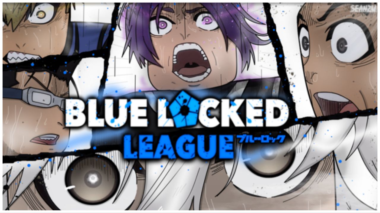 feature image for our blue locked league codes, the image features promo art for the game of roblox versions of characters from the blue lock series, as well as the game's logo in the middle, with a part of the franchise's logo incorporated in the game's logo too, the drawings are split up to resemble a comic book as all characters have a serious expression on their faces