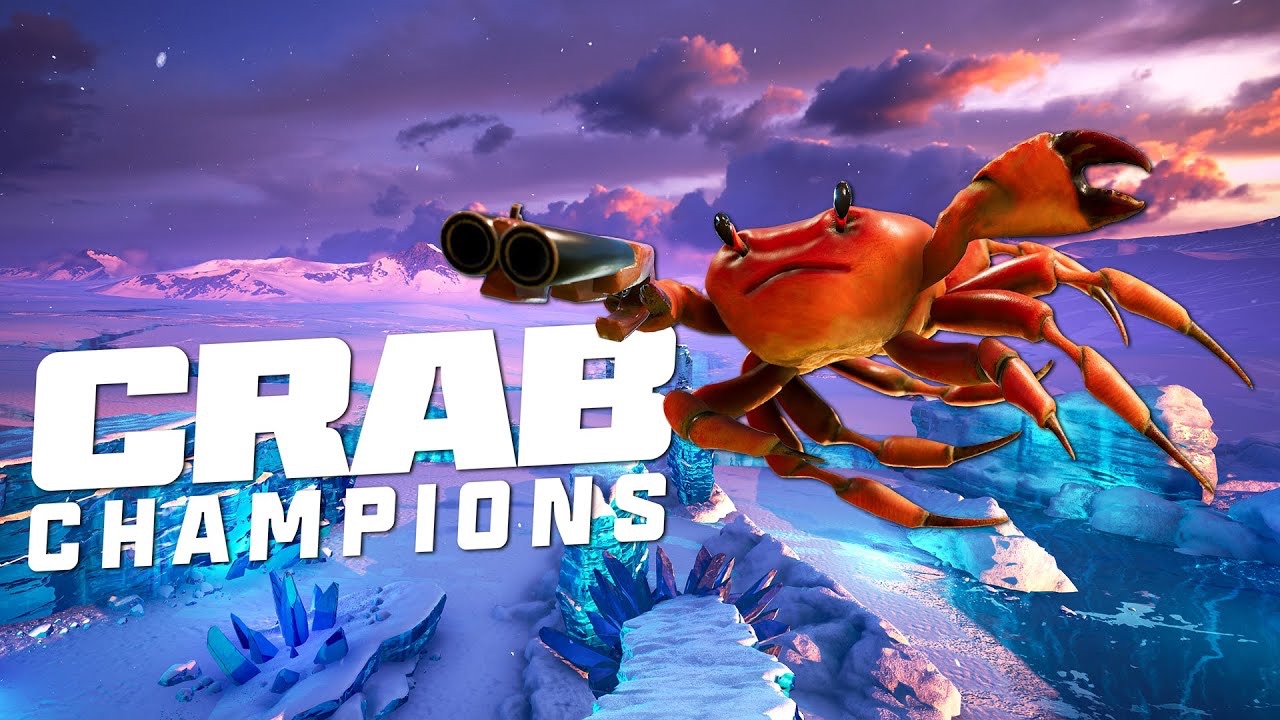 The featured image for our Crab Champions weapon tier list, featuring a crab swinging through the air above an ice island.