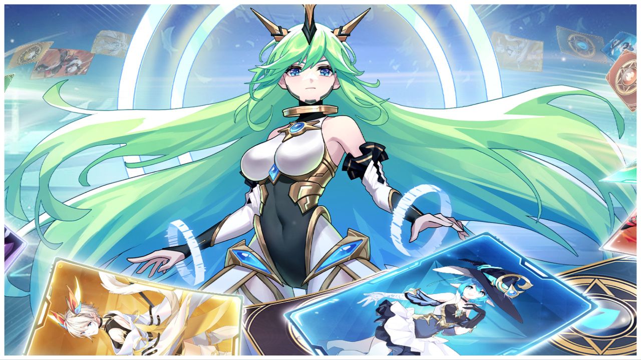 feature image for our digital girls tier list, the image features official promo art for the game of an anime style character wearing metallic horns standing with rings around her arms and behind her, there are also cards floating around her with portraits of some of the characters from the game, with one wearing a witch hat