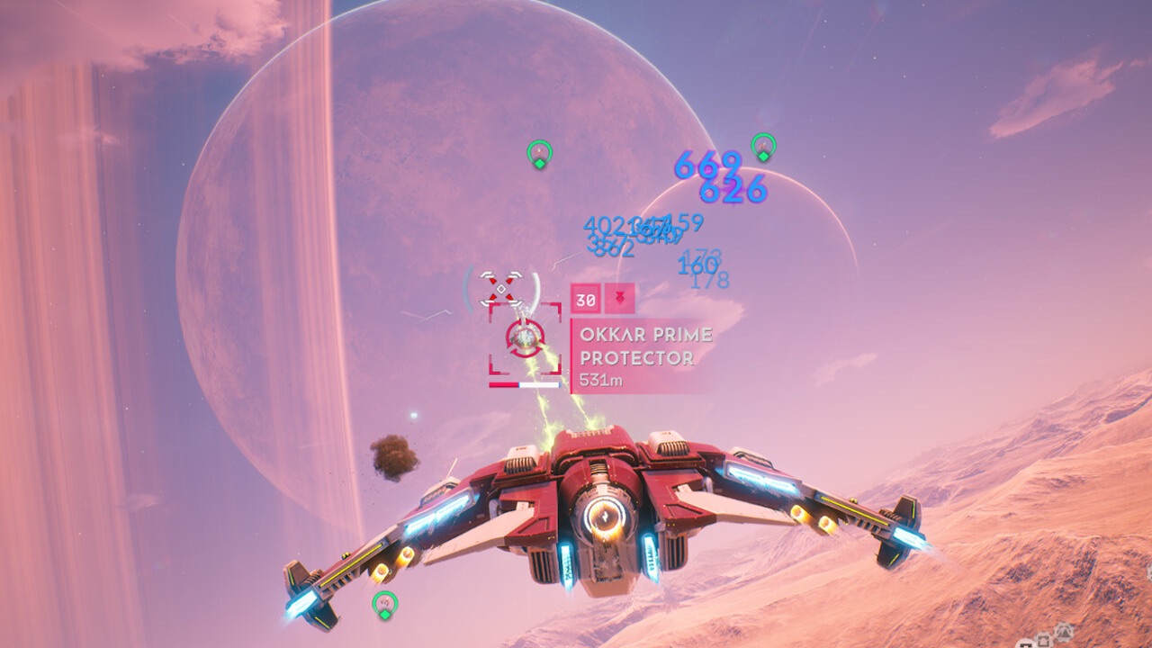 The featured image for our Everspace 2 ship tier list, featuring a ship blasting an enemy in a pink sky. Readings and statistics glow off the target in blue, red and green.