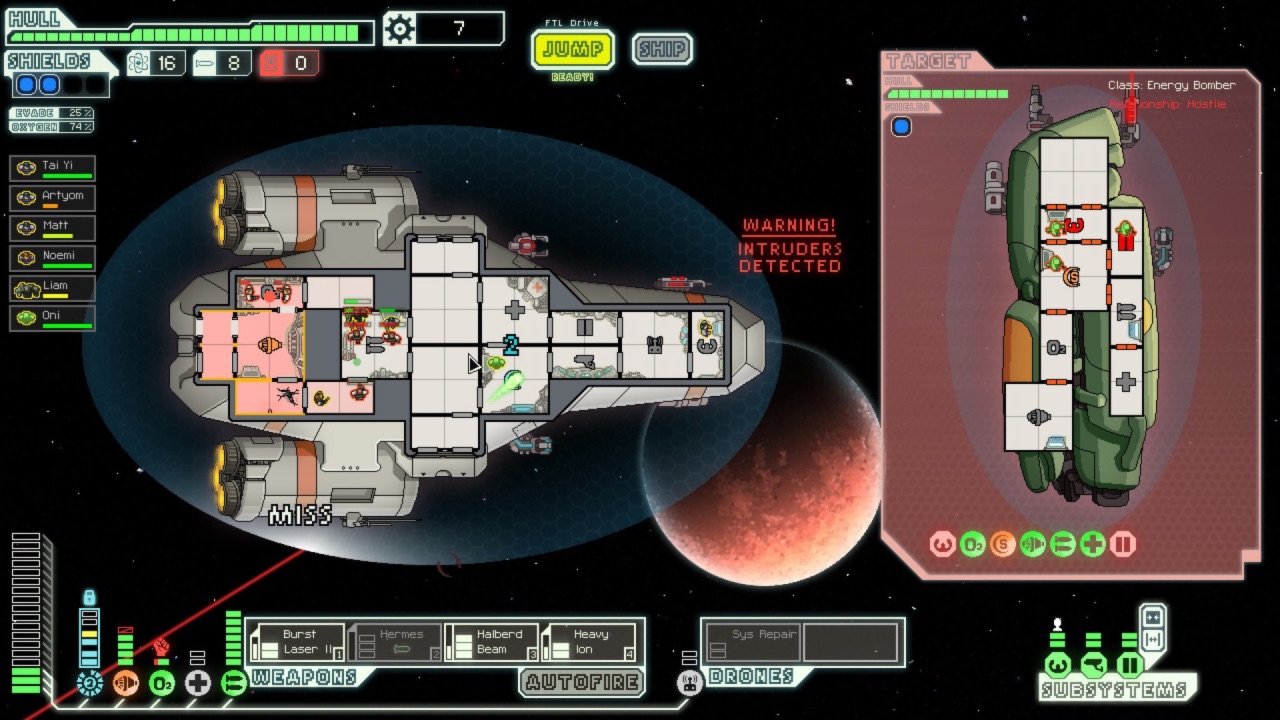 The featured image for our Faster Than Light weapons tier list, featuring a screenshot from the game. The screenshot shows an over the head shot of a space ship's interior, as the player simulates flying a space ship and managing a crew.