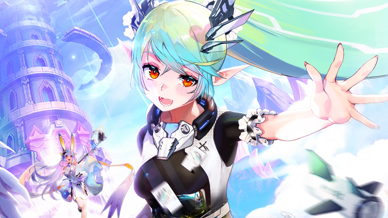 The featured image for our Idle Fantasia codes guide, featuring a character from the game holding her hand out towards the camera as she smiles. Behind her, a friend runs to join her in the colourful, icey environment.