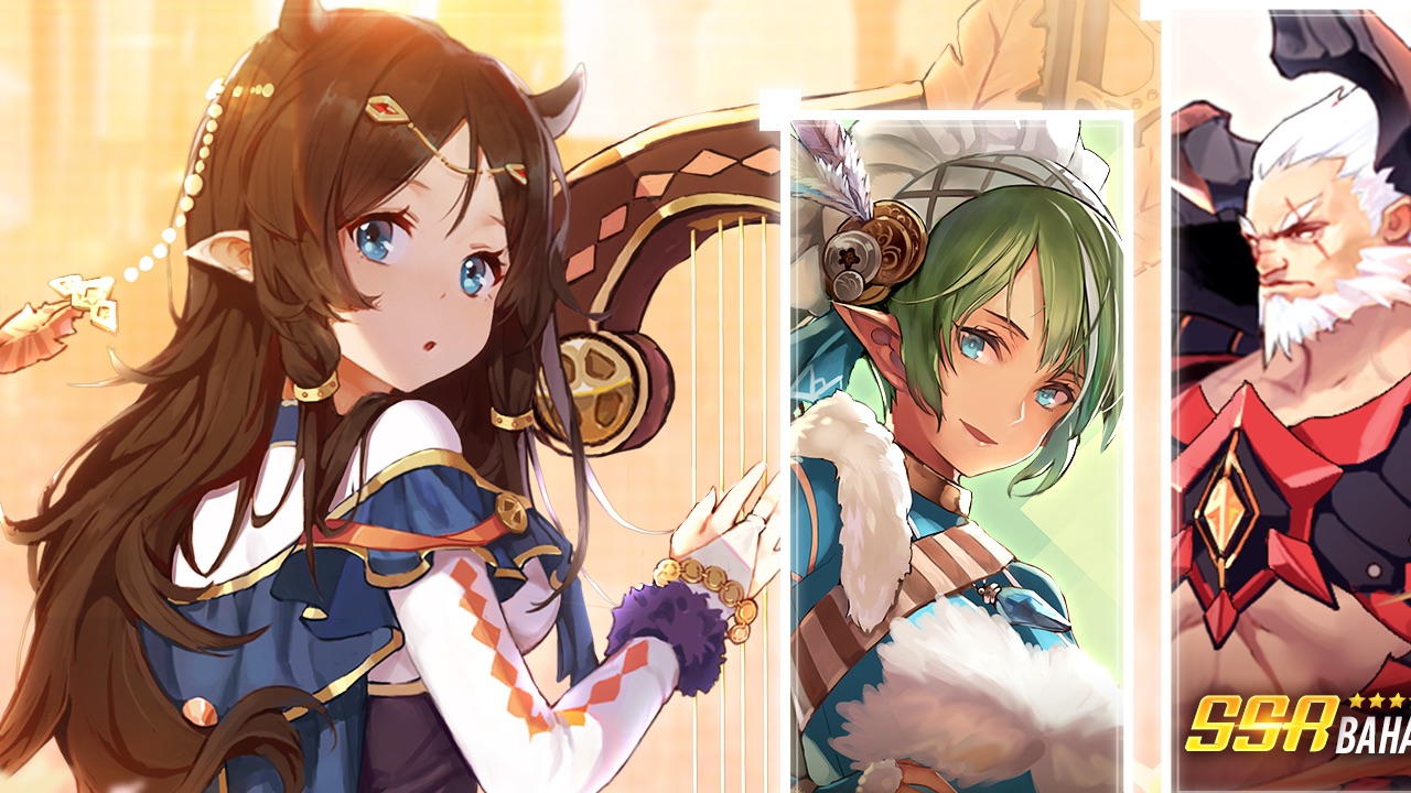 The featured image for our Idle Fantasia tier list, featuring a woman looking over her shoulder at the camera. Brown colours light up the picture, as two other characters are shown in screen-caps.
