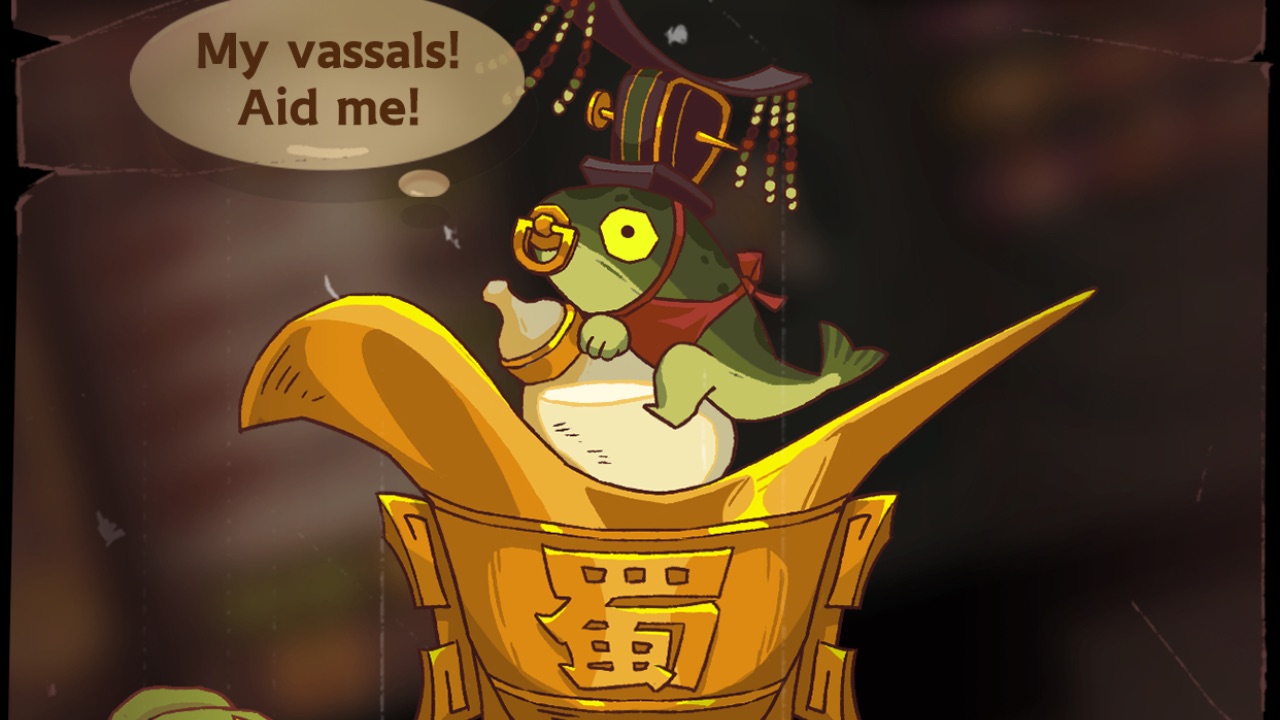 The featured image for our Idle Fish Kingdoms tier list, featuring a fish from the game saying "My vassals! Aid me!" through a speech bubble.