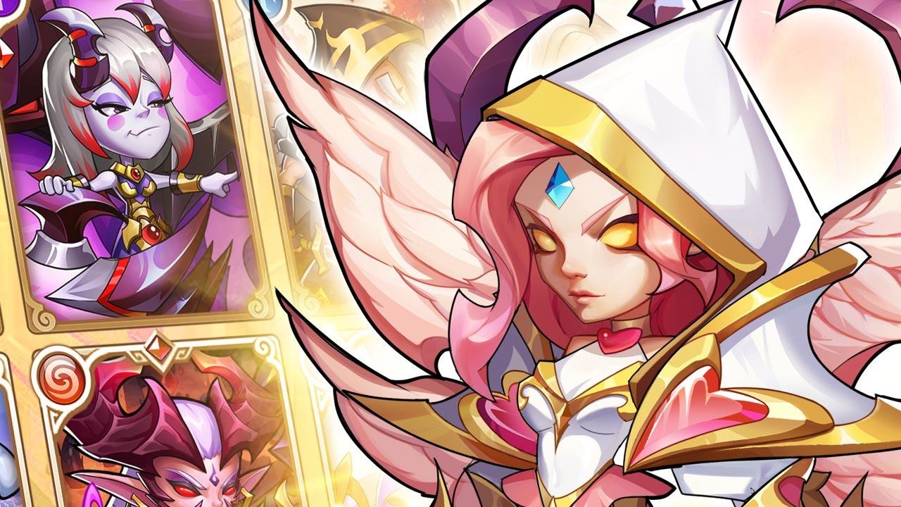 The featured image for our Idle Heroes codes guide, featuring a hooded character from the game looking towards the camera. Behind them is a row of different cards from the game.