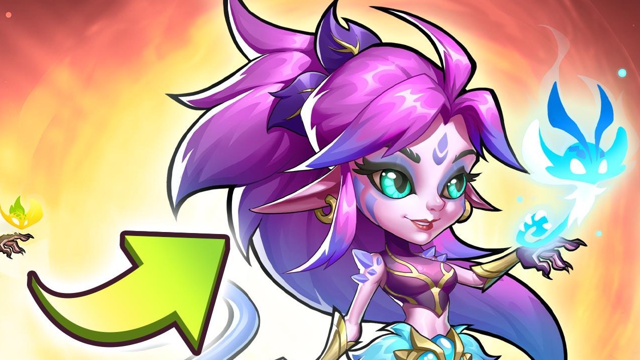 The featured image for our Idle Heroes tier list, featuring a character from the game with magenta hair standing infront of an orange background.