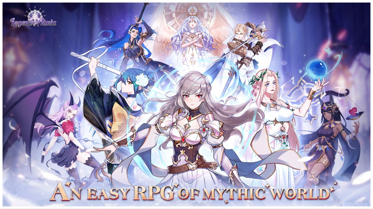 feature image for our legend of almia tier list, the image features official promo art for the game of a variety of characters from the game as they hold their weapons out, with a character at the top in the middle who looks like an angel with large wings, the game's logo is in the top left, and there is text at the bottom of the photo saying "an easy RPG of mythic world"