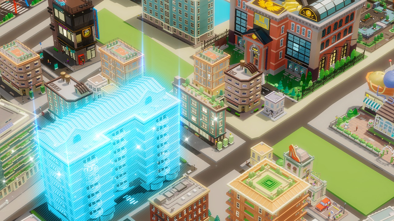 The featured image for our Meta World: My City tier list, featuring a screenshot from the game. The screenshot shows the player building a block of buildings in their city.