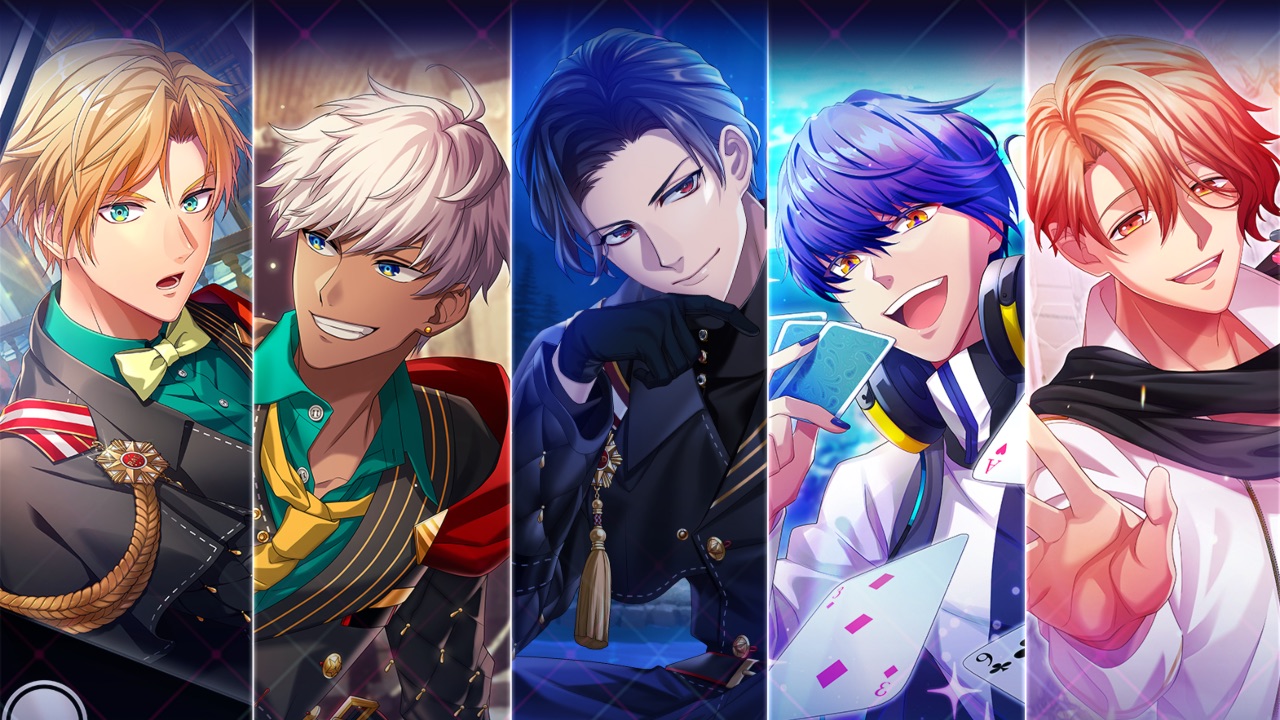 The featured image for our Obey Me! Nightbringer cards guide, featuring several character portraits, where the characters are smiling joyfully and looking at the camera.