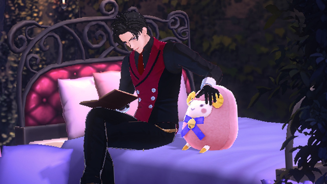 The featured image for our Obey Me! Nightbringer codes guide, featuring a character from the game reading a book on his bed while petting a cuddly toy.