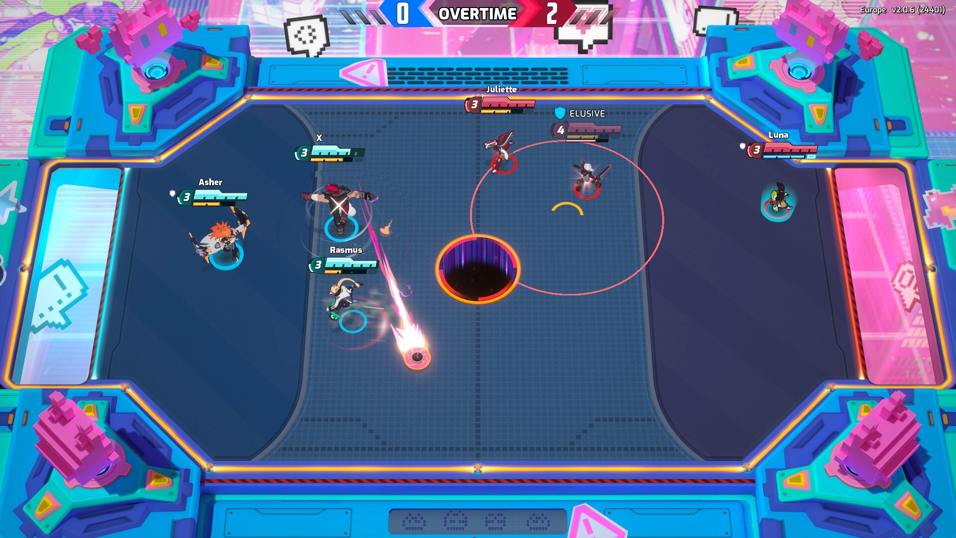 feature image for our omega strikers codes guide, the image features a promo screenshot of a top-down match showcasing the arena, scoreboard, and characters taking part in a match