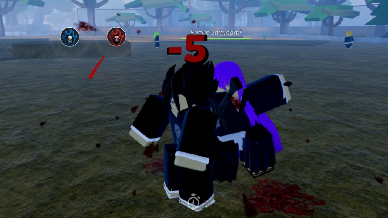The featured image for our Project Mugetsu Leveling guide, featuring a man getting stabbed by a blue haired woman.