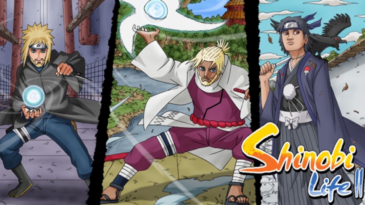 The featured image for our Shinobi Life 2 bloodline tier list, featuring three characters from the game looking towards the camera, weilding their weapons.