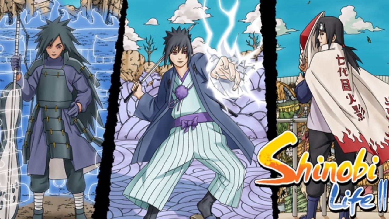 The featured image for our Shinobi Life 2 codes guide, featuring three characters from the game. Two pf them look towards the camera, brandishing their weapons, whilst the third has their back to the camera. However, their head turns slightly.