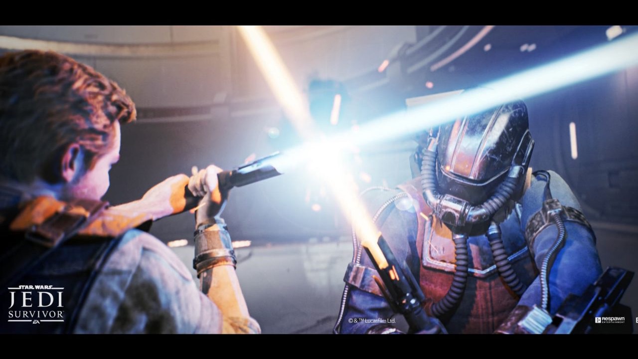 The featured image for our Star Wars Jedi: Survivor weapons teir list, featuring the main character from the game battling an Inquisitor in a lightsaber duel.