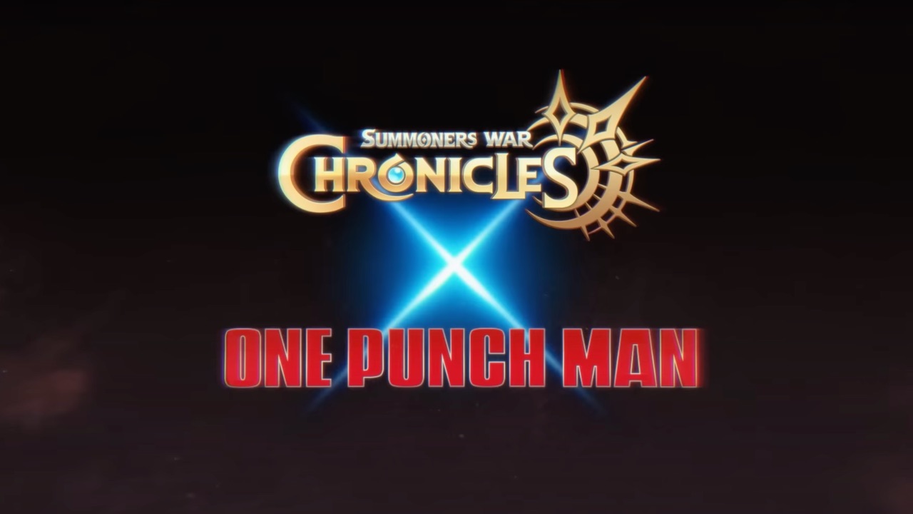 The featured image for our Summoners War: Chronicles One Punch Man tier list, featuring the collaboration's title card over a black screen.